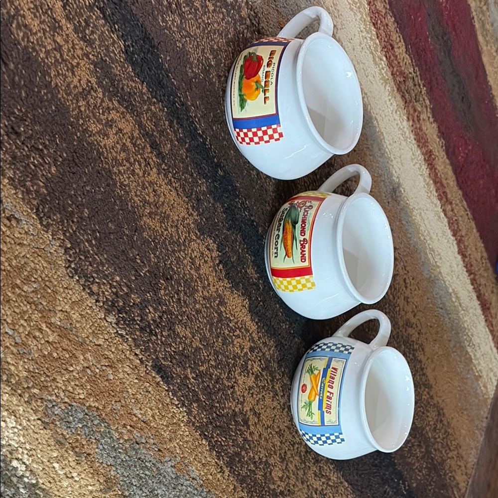 Set of Three Vintage Style Dat'l Do-it soup Mugs with Colorful Labels